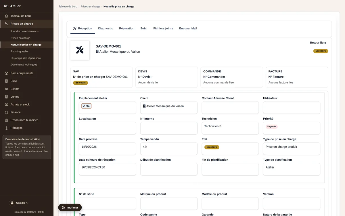 Job record: customer, equipment, diagnosis and documents.