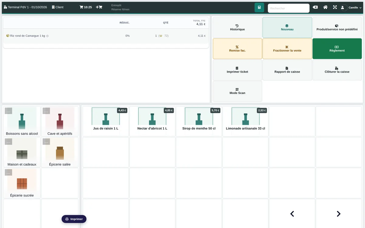 The selling screen: item search, basket, payment.