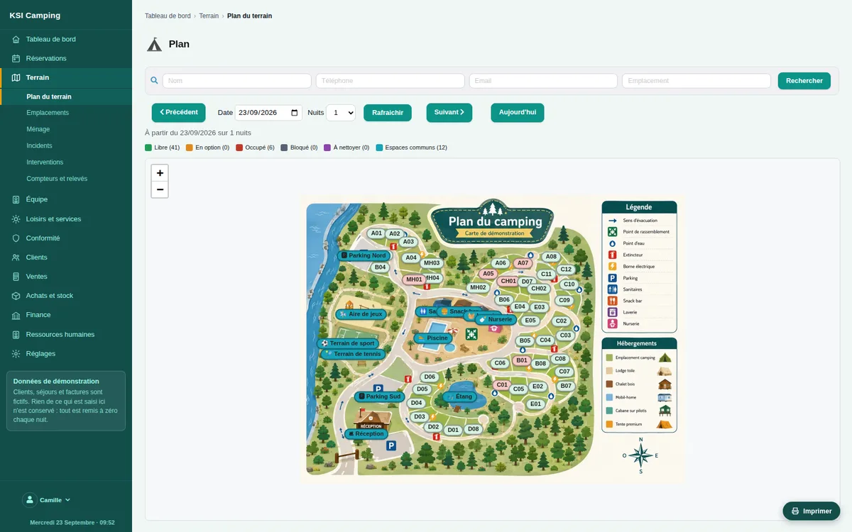 Campsite plan: every pitch in its place, by date.