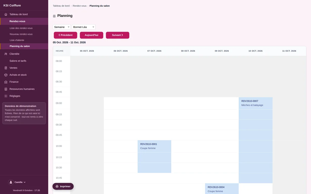 The salon schedule: each stylist, their appointments for the day.