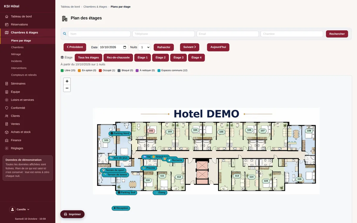 A floor plan: occupied, vacant and to-be-prepared rooms, and booking in one click.